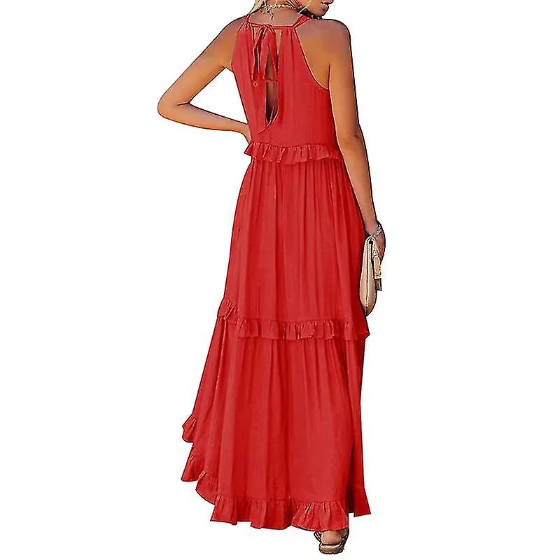 Women's Halter Neck Sleeveless A Line Dress, Casual Beach Long Dress