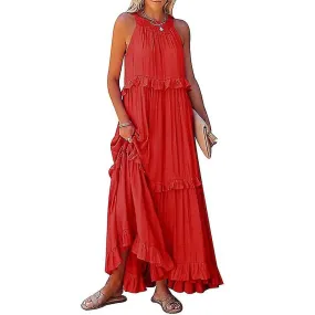 Women's Halter Neck Sleeveless A Line Dress, Casual Beach Long Dress