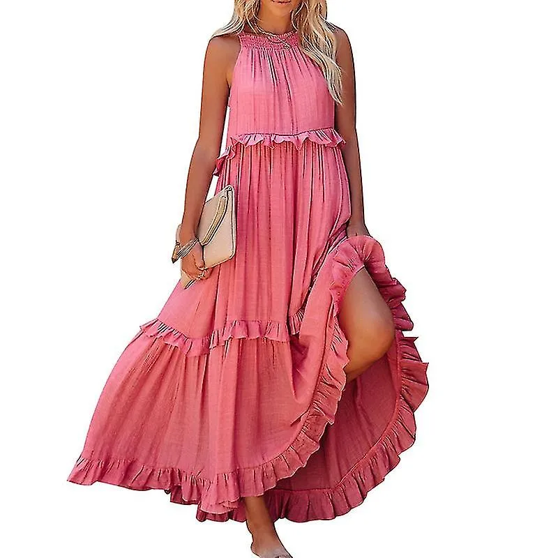 Women's Halter Neck Sleeveless A Line Dress, Casual Beach Long Dress