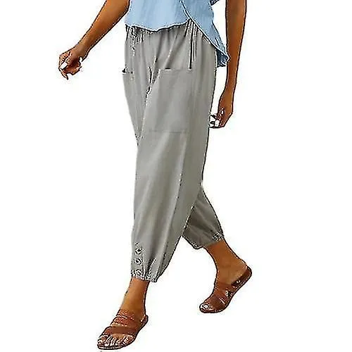 Women's Lantern Harem Pants Loose Flax Ankle Trousers Summer With Pocket