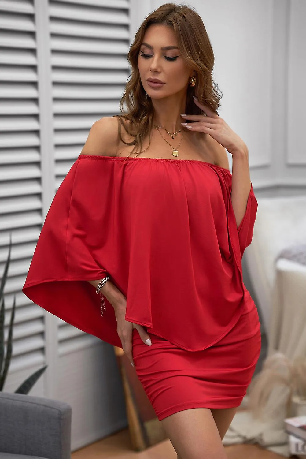 Women's Multiple Dressing Layered Red Mini Poncho Dress