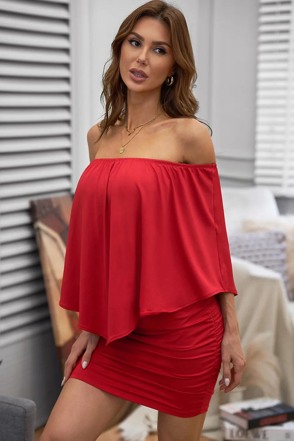 Women's Multiple Dressing Layered Red Mini Poncho Dress