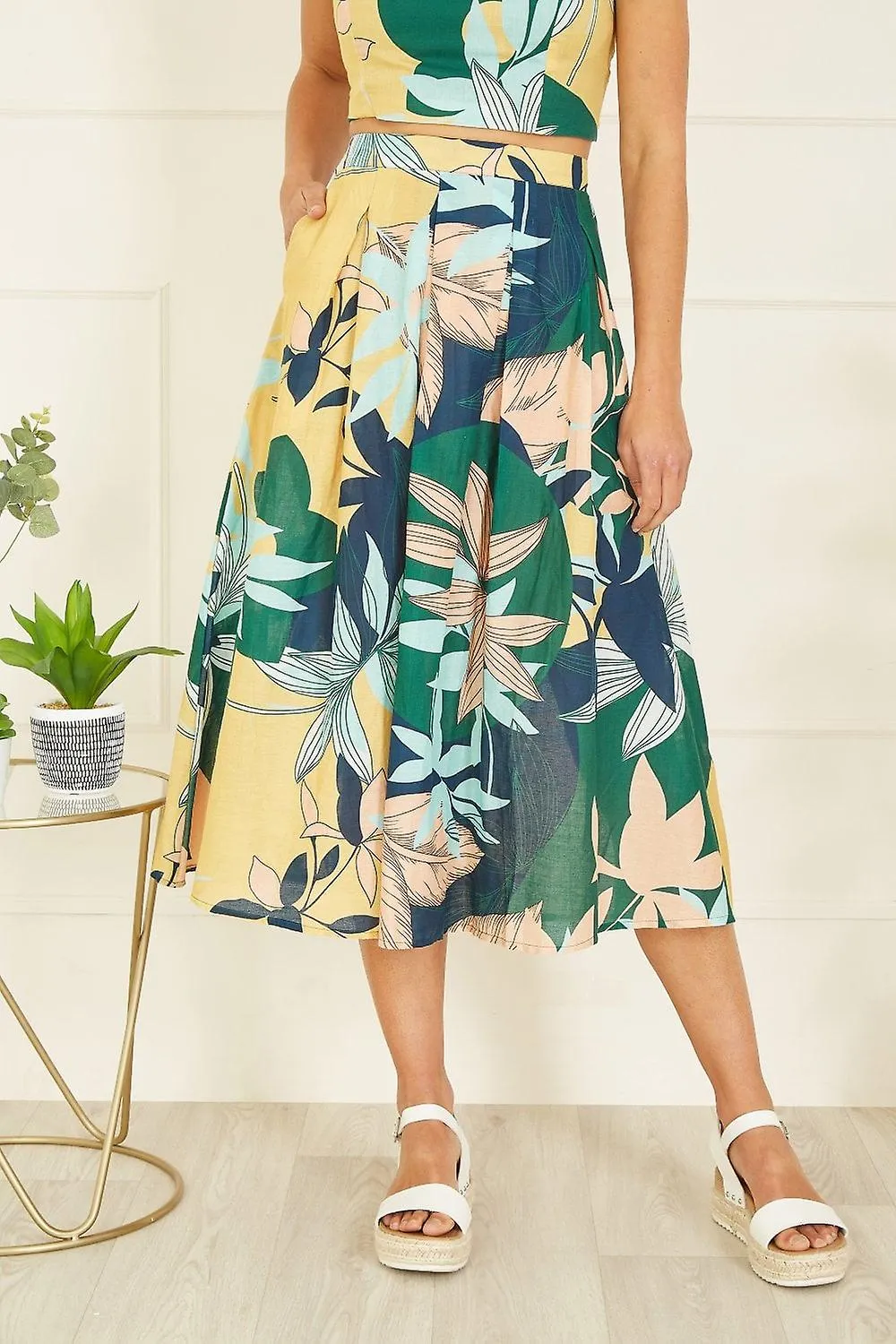 Women's Yumi Multicolour Organic Cotton Leaf Print Midi Skirt